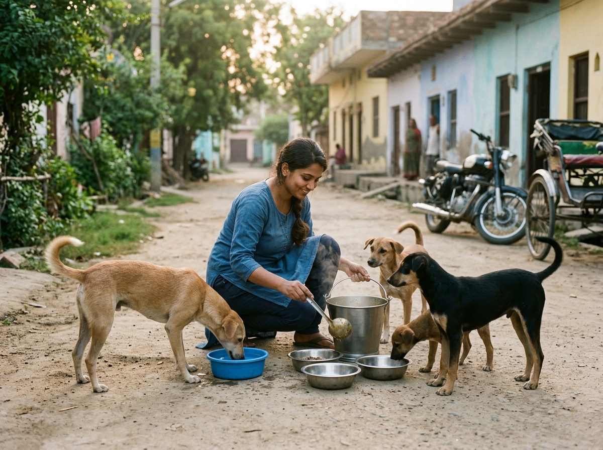 Animal welfare volunteer feeding street dogs in an Indian community lane