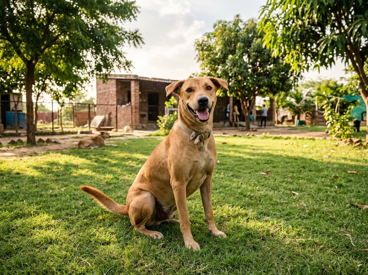 A smiling, fully healed indie dog enjoying open lawn at sanctuary
