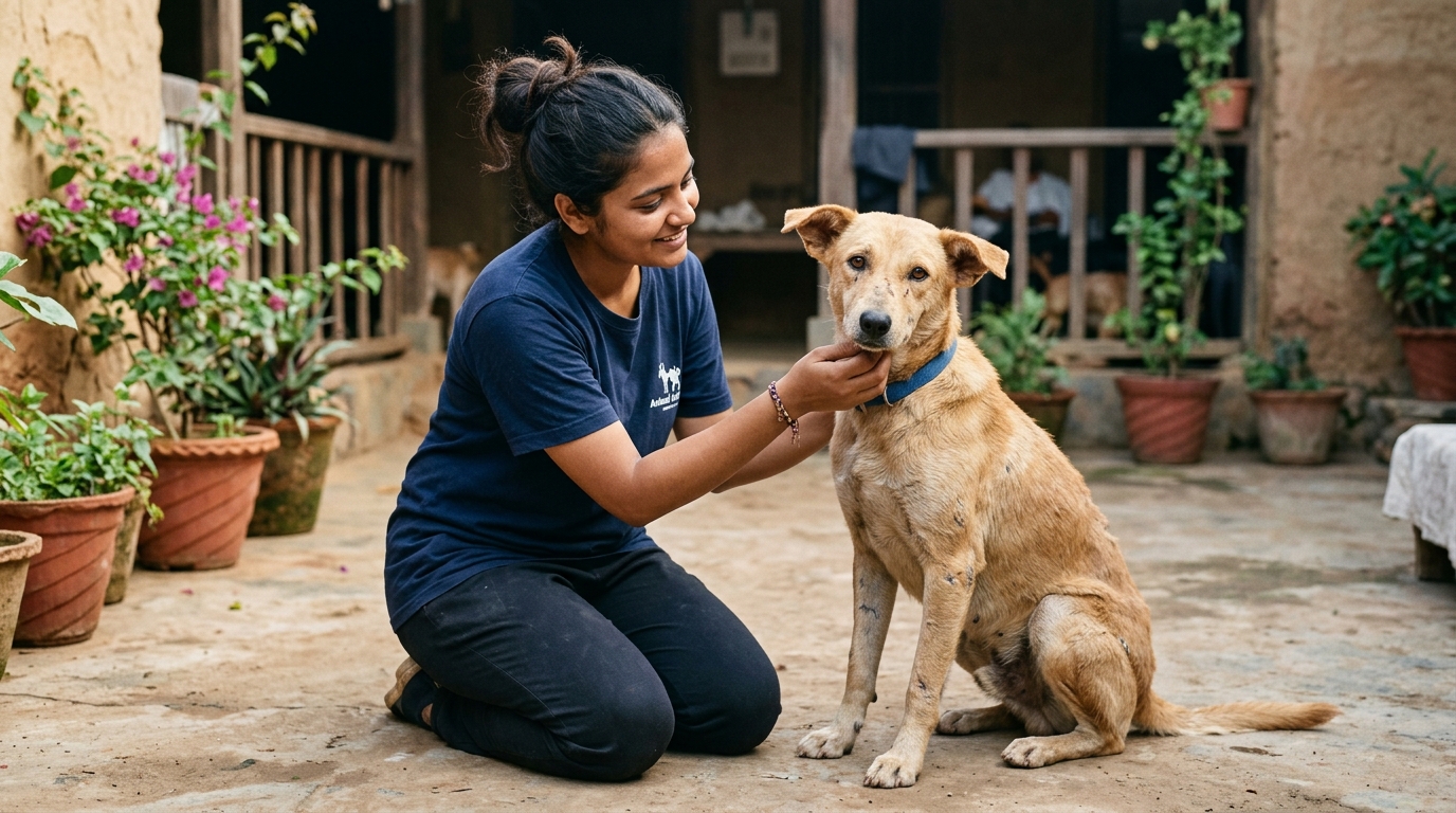 Female volunteer lovingly stroking a rescued indie dog