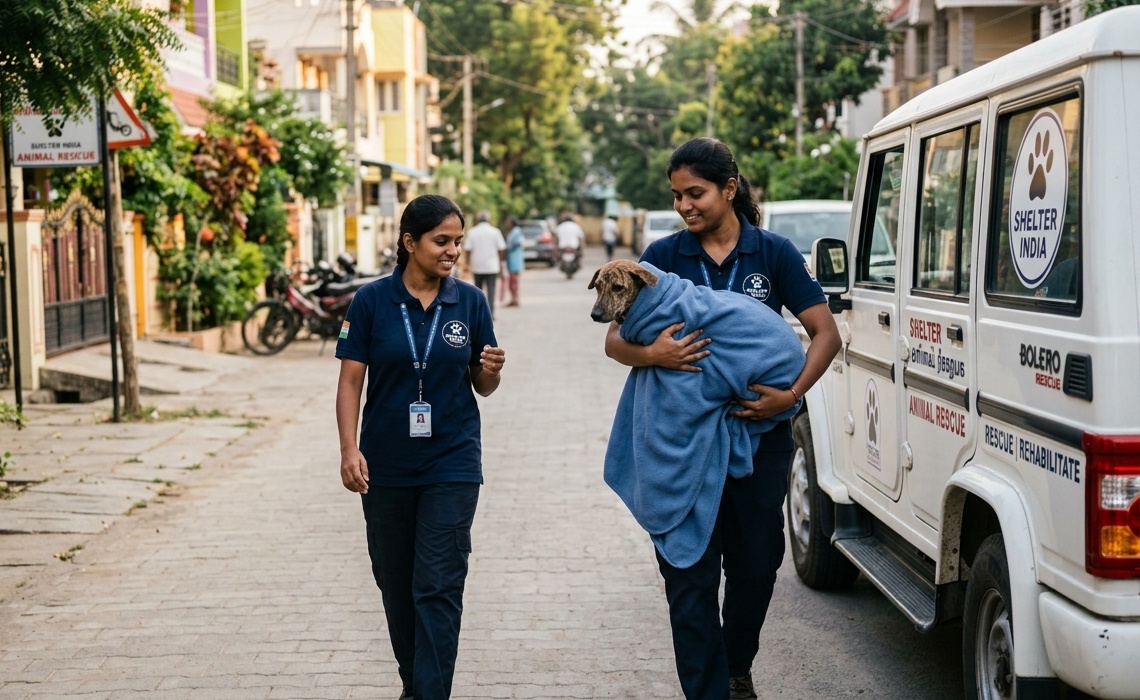 Emergency animal rescue team transporting an injured street dog in ambulance