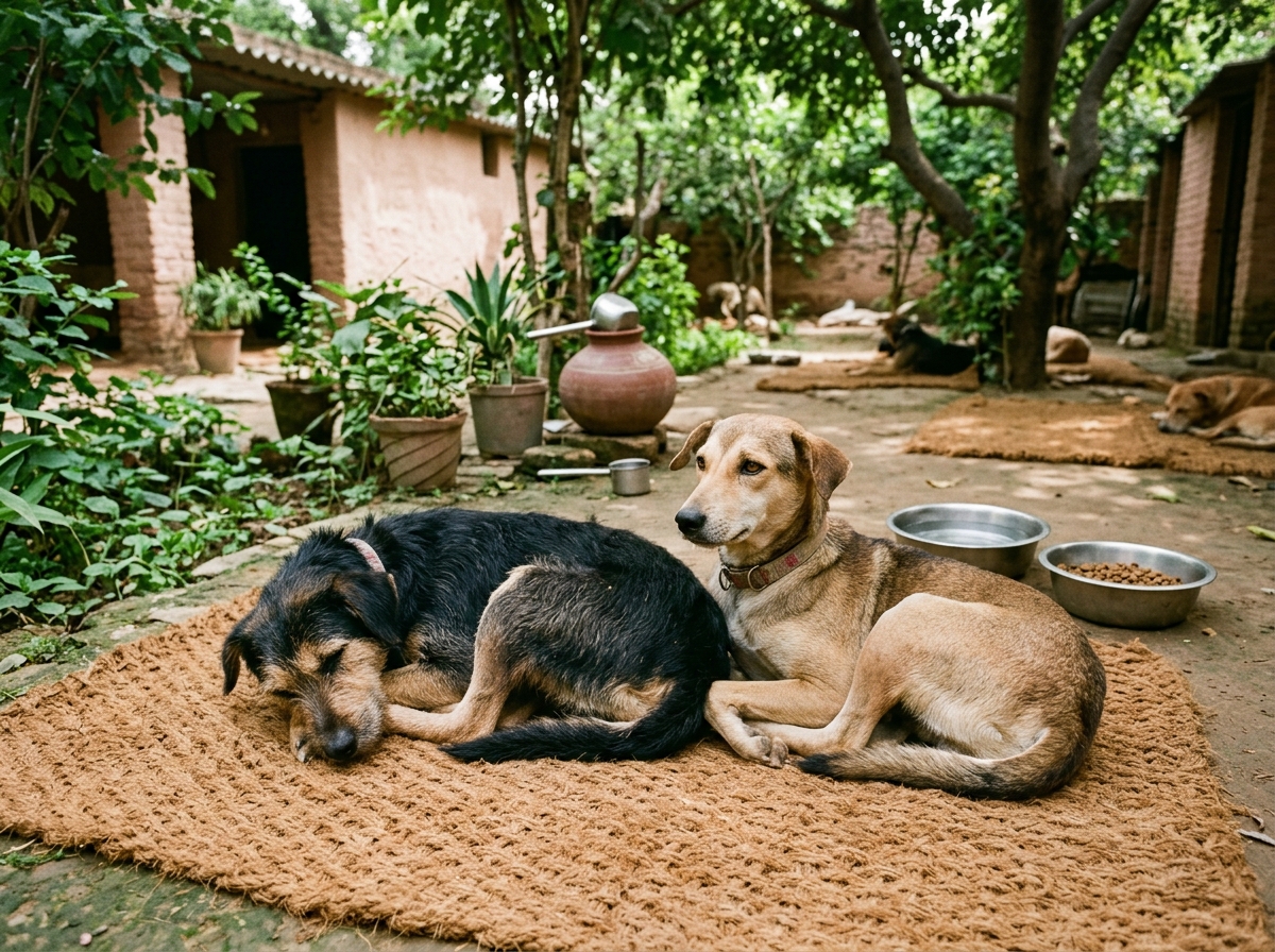 Rescued indie dogs resting together peacefully in courtyard sanctuary
