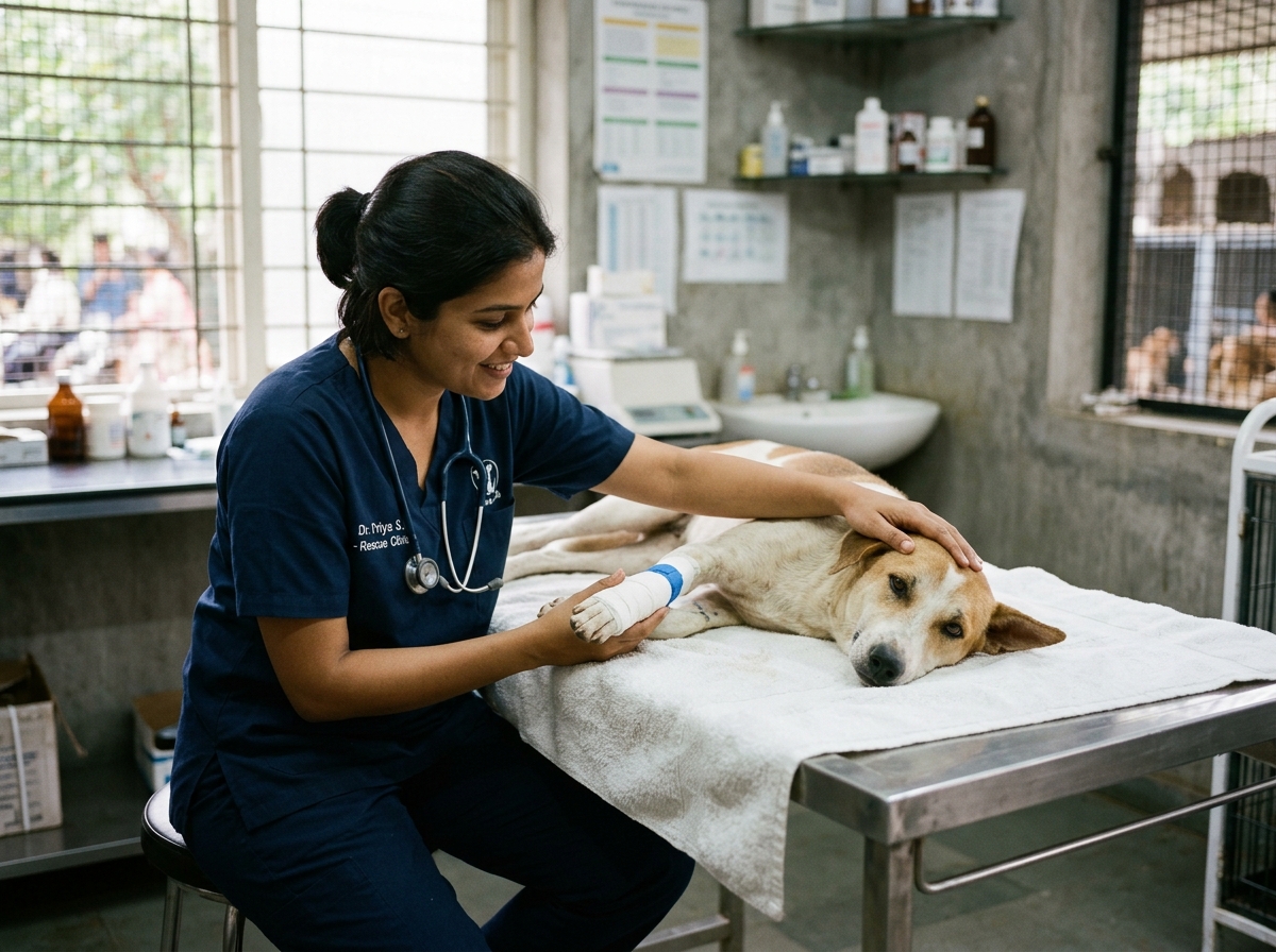 Veterinarian performing medical examination and dressing for a calm recovering dog